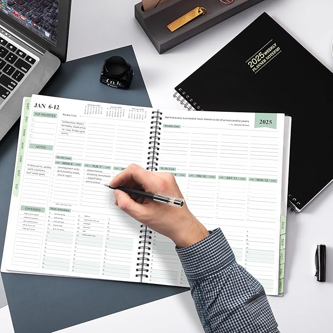 2025 Planner - Weekly & Monthly Planner Notepad 2025, 11.38'' x 8.74'', JAN 2025 - DEC 2025, Appointment Book, 60 Minutes Intervals, Monthly Tabs, Sturdy Cover, Spiral Bound, Back Pockets - Black