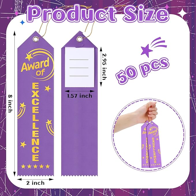 50 Pcs Award of Excellence Ribbons 8 x 2 Inches Purple Excellence Ribbons with Cards and Strings Achievement Prizes Bookmark Style Awards for Competitions Class Activities Office Team