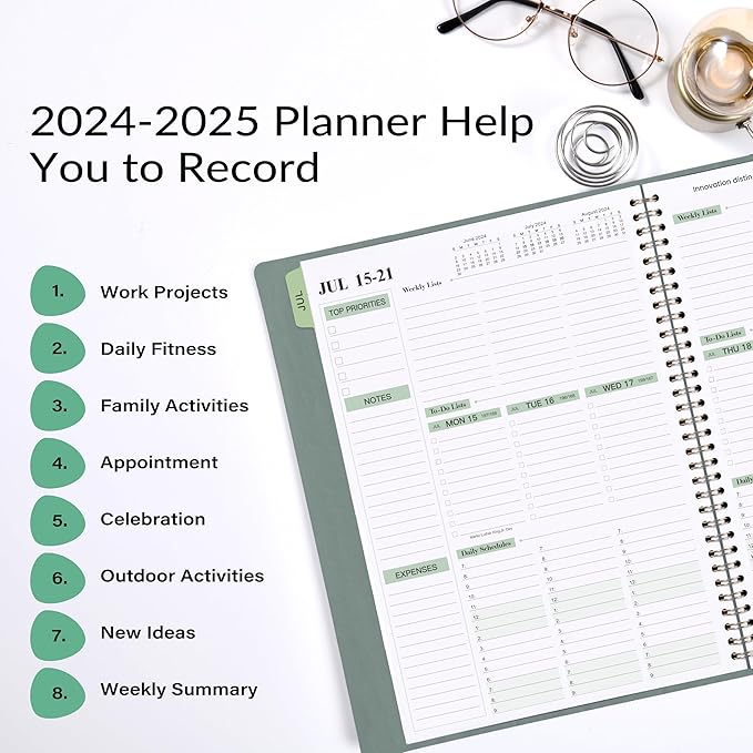 2024-2025 Planner - 11.38'' x 8.74'', Weekly & Monthly Planner Notepad,JUL 2024 - JUN 2025, Appointment Book, 60 Minutes Intervals, Monthly Tabs, Faux Soft Leather, Spiral Bound, Back Pockets - Green