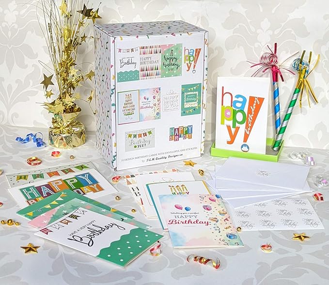 120 Happy Birthday Cards for Office, Business and Personal Use with Short Generic Message Inside, Assorted Greeting Notes Bulk with Envelopes and Stickers 4x6 Inch