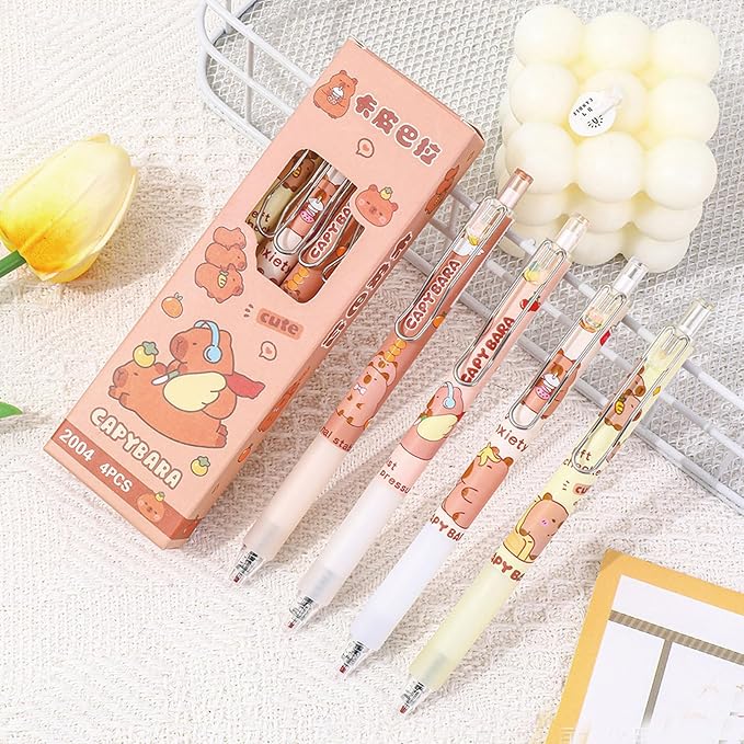 4 Pcs Gel Ink Pens Retractable Pens Cute Capybara Pen 0.5mm Black Ink Pen Writing Pens Office School Supplies for Girls Boys Women Men (Capybara 4Pcs)