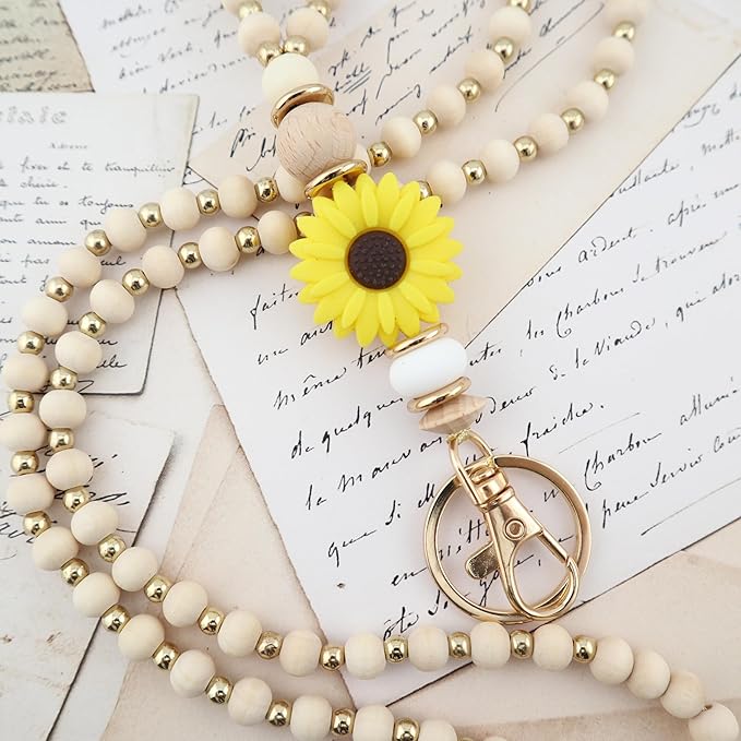 Wooden Teacher Lanyards for Id Badge Cute Flower Wood and Gold Beaded Lanyards for Women for Nurse Badge