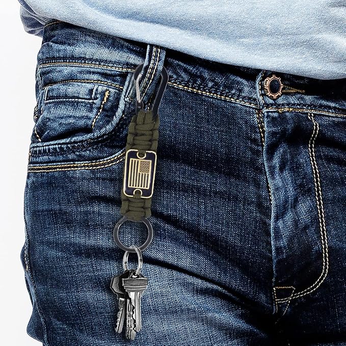 Paracord Keychain with USA Flag, Paracord Carabiner Keychain Clip, Braided Lanyard Utility Ring Hook Outdoor Camping Kit