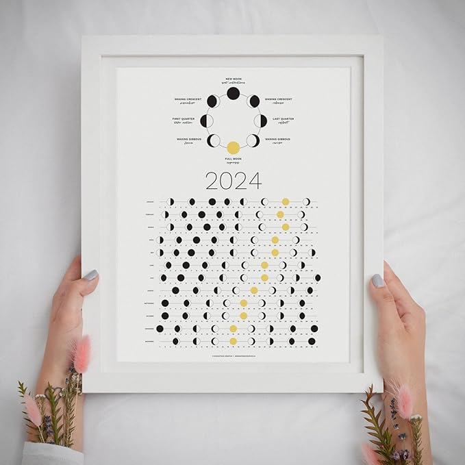2024 Moon Phase Calendar (SHIPS FLAT) - Hangable Light Lunar Wall Poster - Great as a Unique Gift, Moon Tracking, Wall Décor & Art, Astrology Decorations - A Celestial Calendar - by Thankful Greetings