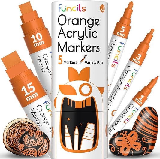 5 Orange Paint Pens - Extra Fine Tip, Thin & Jumbo (1mm, 3mm, 6mm, 10mm, 15mm) - Acrylic Orange Paint Marker for Metal, Fabric Pen, Plastic, Canvas, Wood, Rock Painting - Water-based Ink
