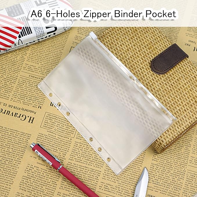 12PCS A6 Size Binder Pockets, Zipper Binder Pocket, 3-Pockets Storing Bag, Two Types, Clear 6-Hole Binder Zipper Folders, Waterproof PVC Zipper Loose Leaf Bags for Home Office School Supplies