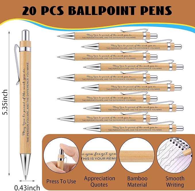 20 Sets Employee Appreciation Gifts Inspirational Spiral Notebooks with Sticky Notes Notepads Motivational Bamboo Ballpoint Pens for Nurse Coworker Teacher (MAY YOU)