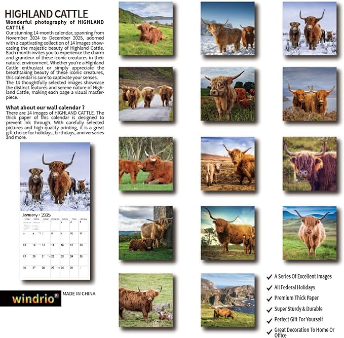 2025 Wall Calendar,Calendar 2025, November 2024 - December 2025, Wall Calendar Highland Cattle, 12" x 24" Opened,Full Page Months Thick & Sturdy Paper for Calendar Organizing & Planning