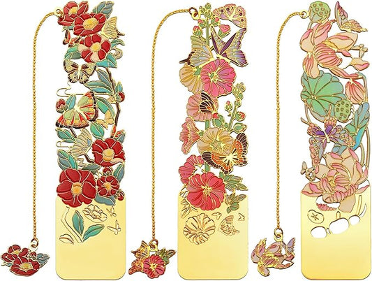 3 PCS Metal Bookmarks, Bookmarks for Reading Women, Pretty Bookmarks for Women, Beautiful Metal Bookmark, Beautiful Flower Bookmark, Lotus, Hollyhock, Camellia (BKM-050-002)