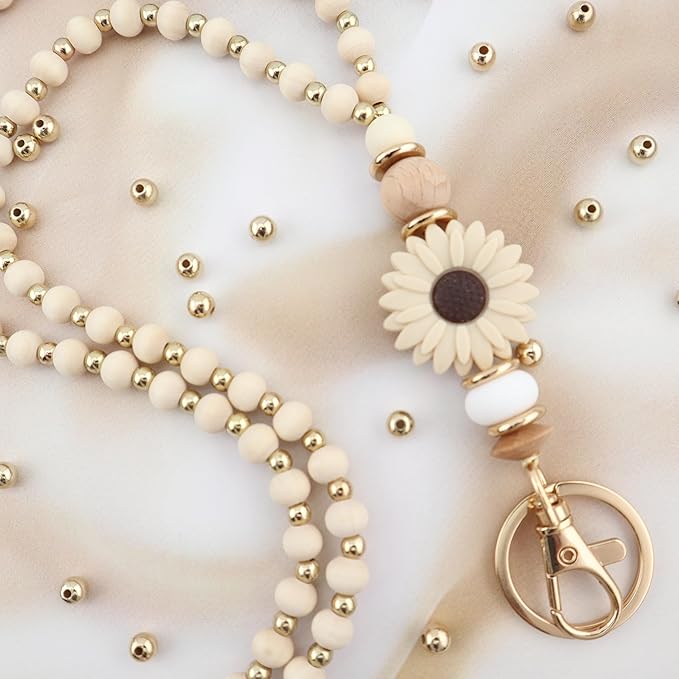 Wooden Teacher Lanyards for Id Badge Cute Flower Wood and Gold Beaded Lanyards for Women for Nurse Badge