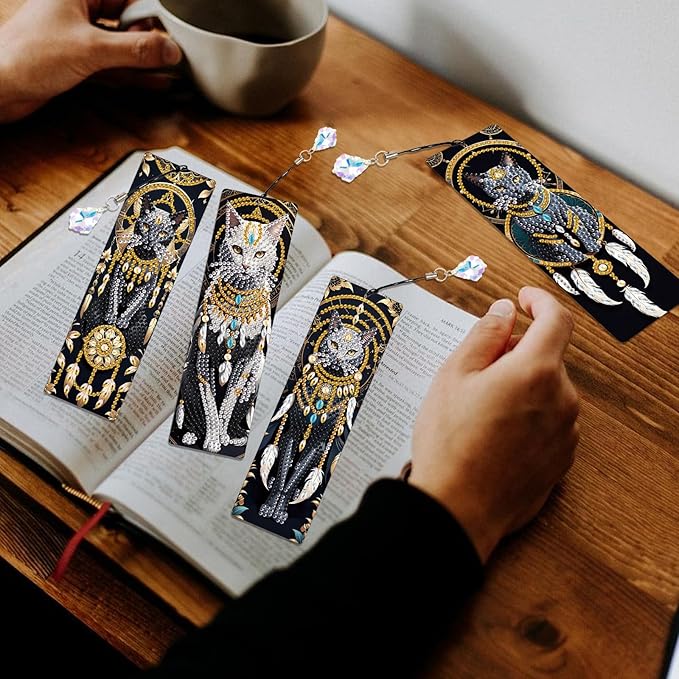 4-Piece Animal Diamond Painting Bookmarks Set for Adults – DIY 5D Rhinestone Art Bookmark Kits with Tassels, Beautiful Diamond Art Bookmarks for Crafts and Gifts, Dreamcatcher Cat