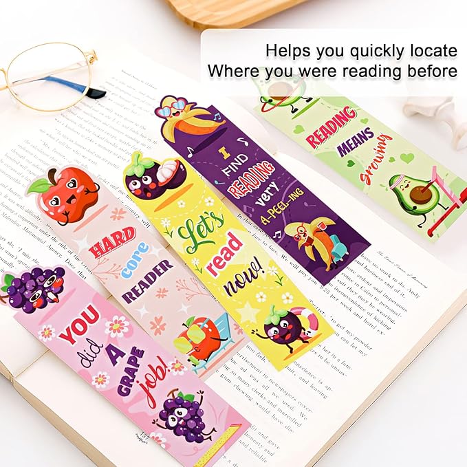 30 Pieces Fruit Paper Bookmarks,Inspirational Book Makers for Students Reading Lovers,Cute Book Page Marks for Kids Teens, Creative Page Clips for Game Prizes School Gifts(15 Styles,15x4cm)