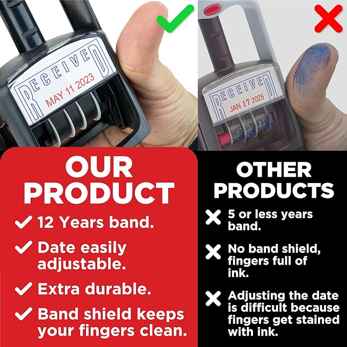 Self-Inking Rubber Date Office Stamp with Entered Phrase - Red Ink - 12-Year Band