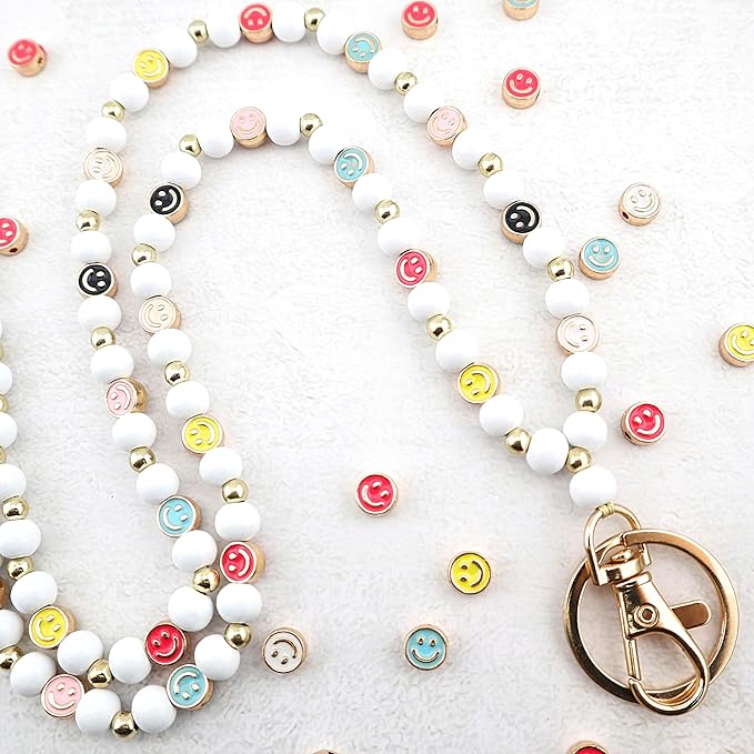 Smile Teacher Lanyard for Women ID Badges and Keychain Cute Happy Wood and Metal Beaded Lanyard Badge Holder