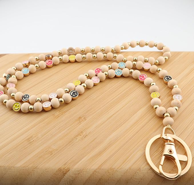 Smile Teacher Lanyard for Women ID Badges and Keychain Cute Happy Wood and Metal Beaded Lanyard Badge Holder