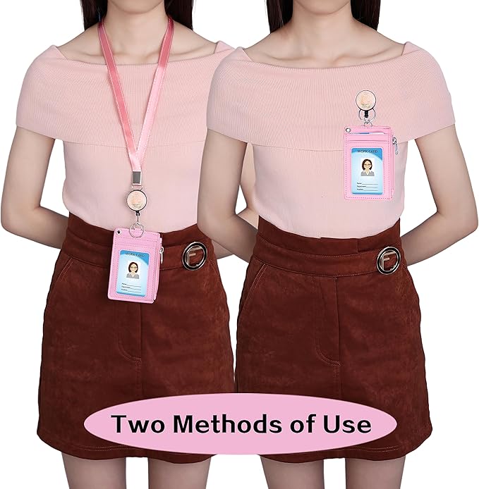 Cute ID Badge Holder Retractable Lanyard Reel Clip with Heavy Duty Carabiner, 5 Card Slots in 2 Sided with Key Ring and Zipper for Women Students Teens Girls Office Staff