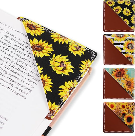 4 Pieces Leather Bookmarks, Cute Book Accessories for Reading Lovers, Page Markers for Women Men Kids Students Teachers Retirement Birthday Gift (Sunflower)