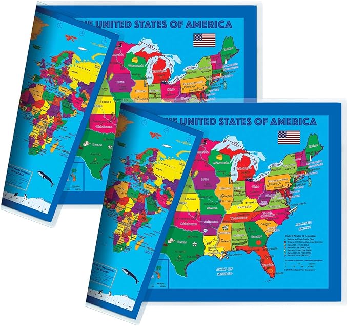 2-Sided Desk Map with Durable Lamination (2 Children's Desk Maps: US Map/US Centered World Map)