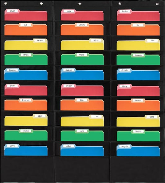 30 Pocket File Pocket Chart, Black, 42" Wide x 47" Tall - Versatile Wall Hanging File Folder Organizer for Classroom, Office, Home, and More - Wall Folder Organizer - 30 Pockets