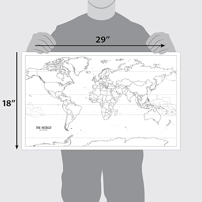2 Pack - USA & World Map Blank Outline Posters - LAMINATED, 18" x 29" - (Wet Erase Markers Only)