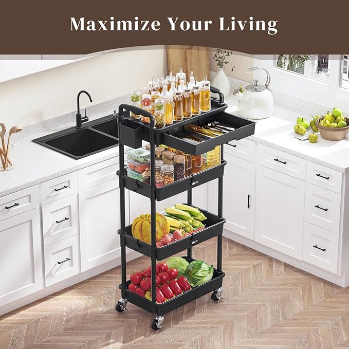 4 Tier Rolling Utility Cart with Drawer, Utility Storage Organizer with Plastic Shelf & Lockable Wheels Multifunctional Storage Cart for Kitchen, Bathroom, Office, Living Room, Black