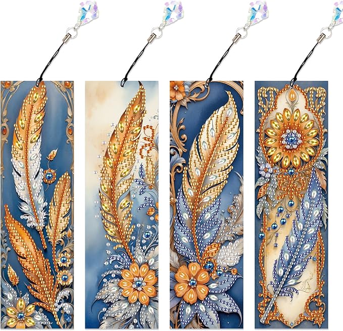 4-Piece 5D Diamond Painting Bohemian Style Bookmarks Set, DIY Craft Kit with Rhinestones – Unique Flower and Feather Designs, Handmade Art Craft Bookmarks with Tassels, Ideal Gift for Book Lovers