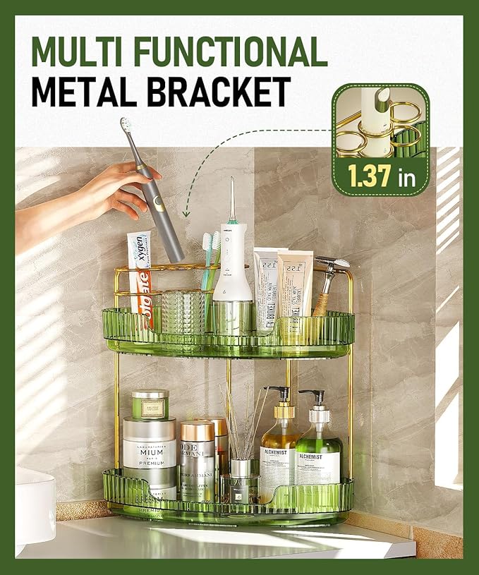2-Tier Corner Bathroom Counter Organizer Makeup Cosmetic Storage, Tool-Free Installation Acrylic Vanity Shelf, Skin Care Organizer Perfume Tray for Countertop Bathroom, Dresser, Kitchen (Green)