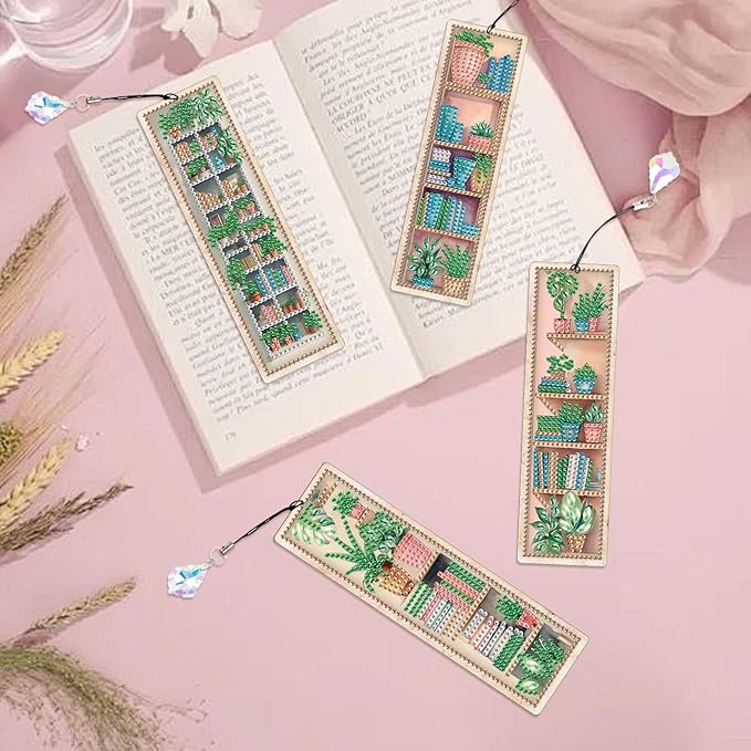 4 Pieces Diamond Painting Bookmarks for Adults Plant Bookshelf Design 5D Rhinestone Art Bookmark Kits Beautiful DIY Diamond Art Bookmarks with Tassels Crafts Gifts Supplies