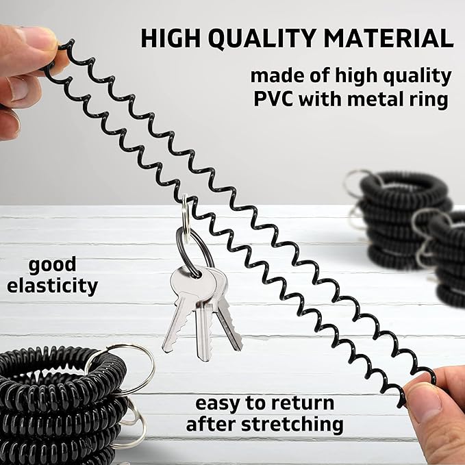 25PCS Keychain Wristlet Wrist Keychain Wristband Elastic Stretchable Spiral Bracelet Key Hook Key Holder for Gym Pool Spring Spiral Coil Black
