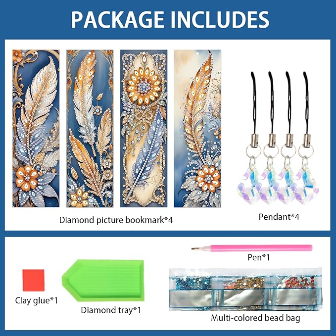 4-Piece 5D Diamond Painting Bohemian Style Bookmarks Set, DIY Craft Kit with Rhinestones – Unique Flower and Feather Designs, Handmade Art Craft Bookmarks with Tassels, Ideal Gift for Book Lovers