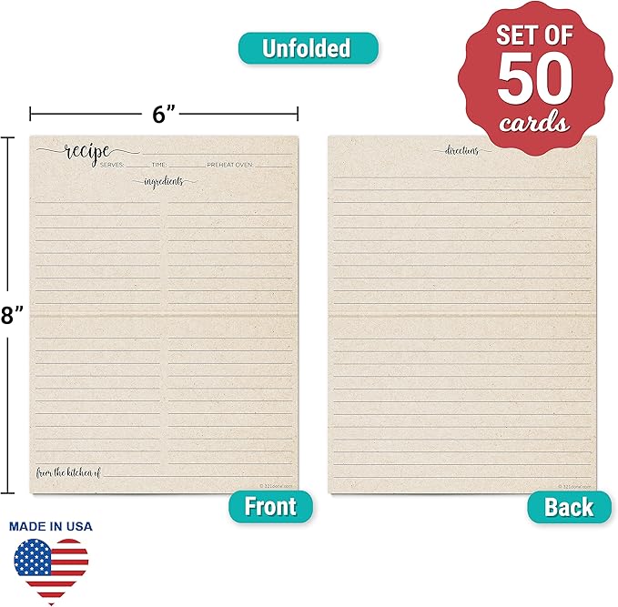 321Done Folding Recipe Cards (Set of 50) X-Large - Made in USA - Folds to 4x6 from 8x6 - Rustic Kraft Minimalist – Retro Vintage Luxury Thick Cardstock Jumbo Folded Double-Sided