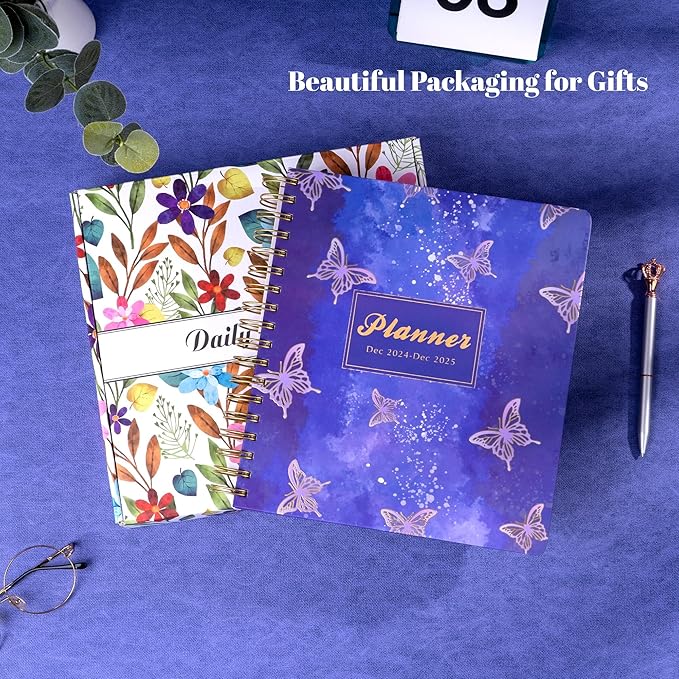 2025 Hardcover Planner Weekly and Monthly, Dec 2024–Dec 2025, Large Spiral Bound Planners 2025 for Women Gifts, 8.3" x 9.3",13 Month Calendar with 13 Tabs, 3 Sticker Sheets, Purple