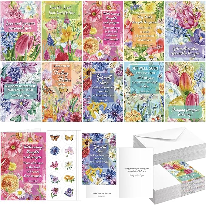 50 Pack Religious Get Well Cards with Scripture Assorted Bible Verse 4 x 6 Inch Affirmation Inspirational Christian Flower of Nature Photography Wishing You Well Greeting Cards with Envelopes