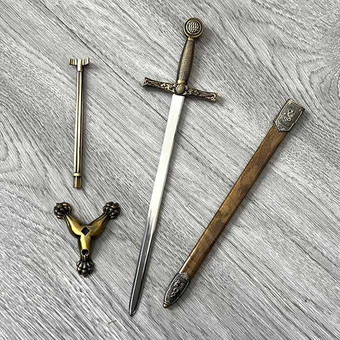 11" Metal Stainless Steel Sword Letter Opener with Stand,Medieval Vintage Gold Handle,Mini Sword,Lightweight Hand Envelope Slitter,Special Gift