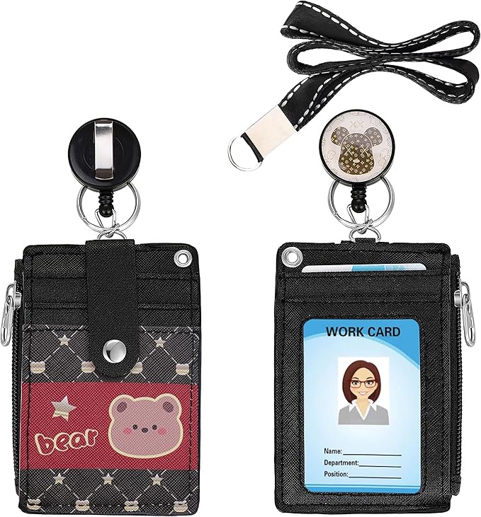 Cute ID Badge Holder Retractable Lanyard Reel Clip with Heavy Duty Carabiner, 5 Card Slots in 2 Sided with Key Ring and Zipper for Women Students Teens Girls Office Staff