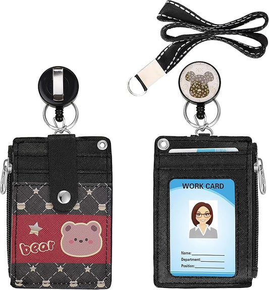 Cute ID Badge Holder Retractable Lanyard Reel Clip with Heavy Duty Carabiner, 5 Card Slots in 2 Sided with Key Ring and Zipper for Women Students Teens Girls Office Staff