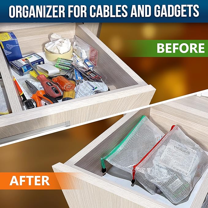 16 Pack Assorted Sizes Plastic Mesh Zipper Pouches for Storage & Organize Board Games - Puzzles - Documents - Bills - School and Office Supplies - Travel - Makeup - Multisize Mesh Zipper Pouch