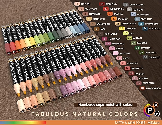 36 Acrylic Paint Pens Skin and Natural Earth Tone Marker Set For Rock Painting, Canvas, Mugs, Glass, Plastic, Wood, Metal, Fabric, Scrapbooking, Most Surfaces. Quick Drying Waterbased (MEDIUM)