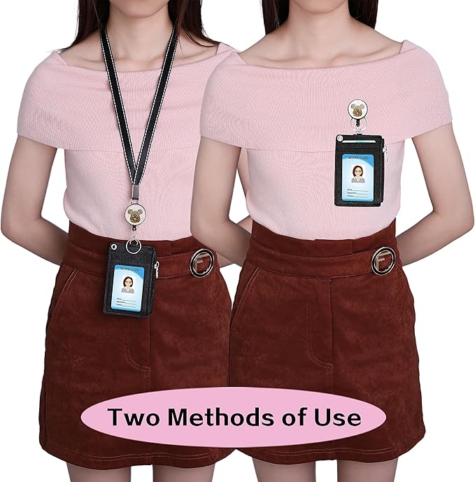 Cute ID Badge Holder Retractable Lanyard Reel Clip with Heavy Duty Carabiner, 5 Card Slots in 2 Sided with Key Ring and Zipper for Women Students Teens Girls Office Staff