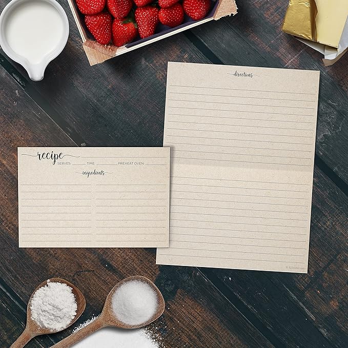 321Done Folding Recipe Cards (Set of 50) X-Large - Made in USA - Folds to 4x6 from 8x6 - Rustic Kraft Minimalist – Retro Vintage Luxury Thick Cardstock Jumbo Folded Double-Sided