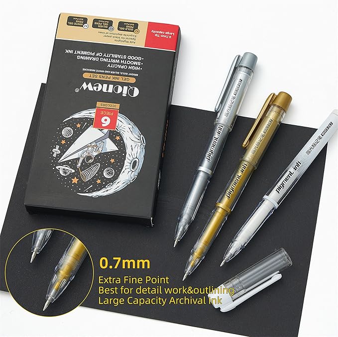 3 Colors Gel Pen Set, 6 Pack, 0.7mm Extra Fine Point,White,Gold and Silver Gel Ink Pens for Artists,White Pens for Black Paper,Artists Drawing,Journaling, Coloring ﻿ ﻿