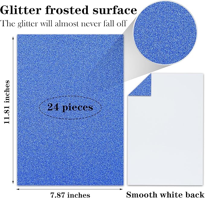 24 Sheets Blue Glitter Cardstock Paper, A4 Premium Sparkly Paper for Scrapbook, DIY Projects, Party Decoration, Gift Box Wrapping 250GSM/92lb