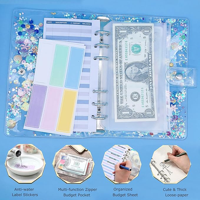 35 Pieces A6 Binder PVC Cover with 10 Clear Binder Pockets, Waterproof 6-Ring Budget Binder Envelopes System Budget Planner Organizer, Budget Sheets & Card Bags & Papers & Label for Cash Envelopes