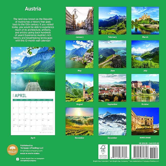2025 Austria Monthly Wall Calendar by Bright Day, 12 x 12 Inch Beautiful Landscape Photography Gift