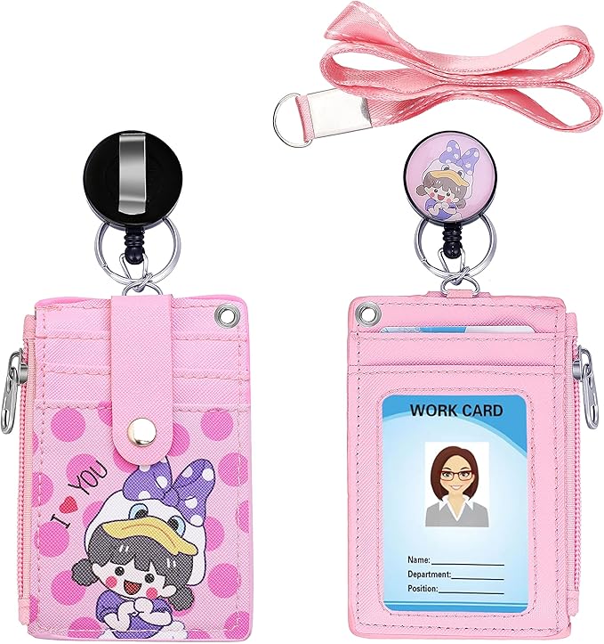 Cute ID Badge Holder Retractable Lanyard Reel Clip with Heavy Duty Carabiner,5 Card Slots in2 Sided with Key Ring and Zipper for Students Teens Boys Girls Office Staff Women (Purple Girl)