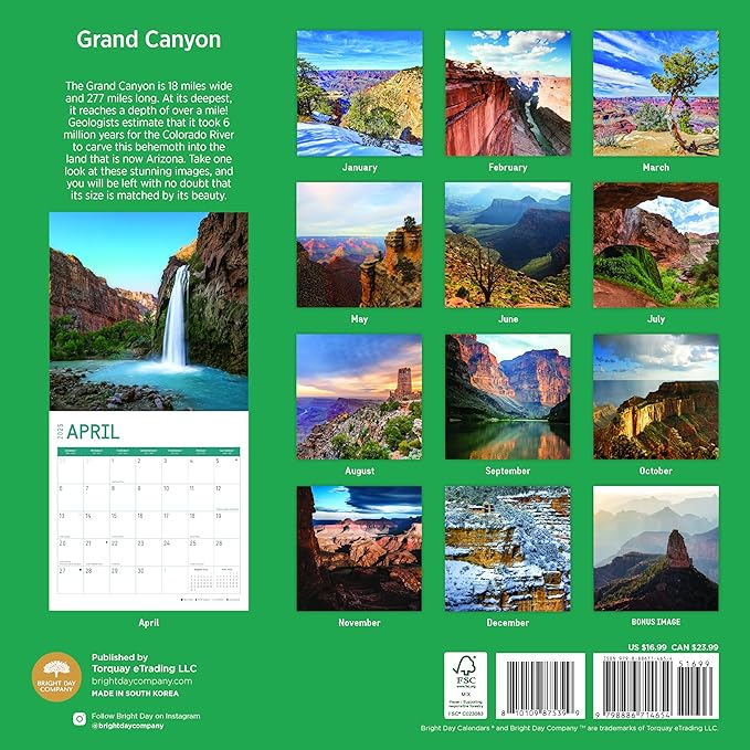 2025 Grand Canyon Monthly Wall Calendar by Bright Day, 12 x 12 Inch National Park Scenic Photography