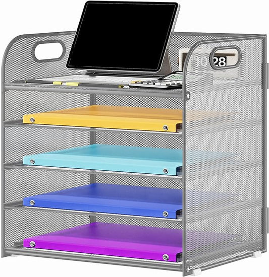 5 Tier Paper Organizer with Handle, Metal Mesh Desk Organizer File Folder Organizer Paper Letter Tray Desktop Document Sorter for Classroom, School, Office Organization and Storage - Silver