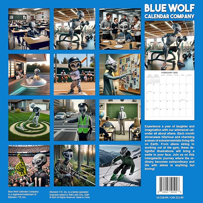 2025 Aliens in Our Midst Monthly Wall Calendar - What Life Would be Like if Aliens Lived Among Us - Aliens Doing Funny Things | 12" x 24" | Thick Sturdy Paper | White Elephant or Gag Gift Funny Calendar 2024-2025.
