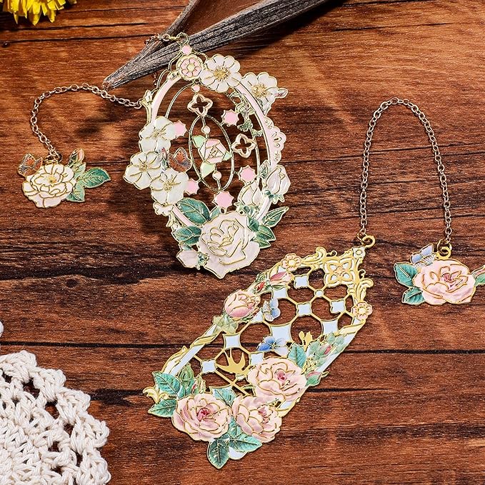 2 Pcs Metal Rose Bookmarks, Beautiful Book Marks for Reading Women Vintage Bookmarks with Metal Chain Pretty Bookmark Gift for Book Lovers Readers Birthday Christmas Gifts(Pink, White Roses)