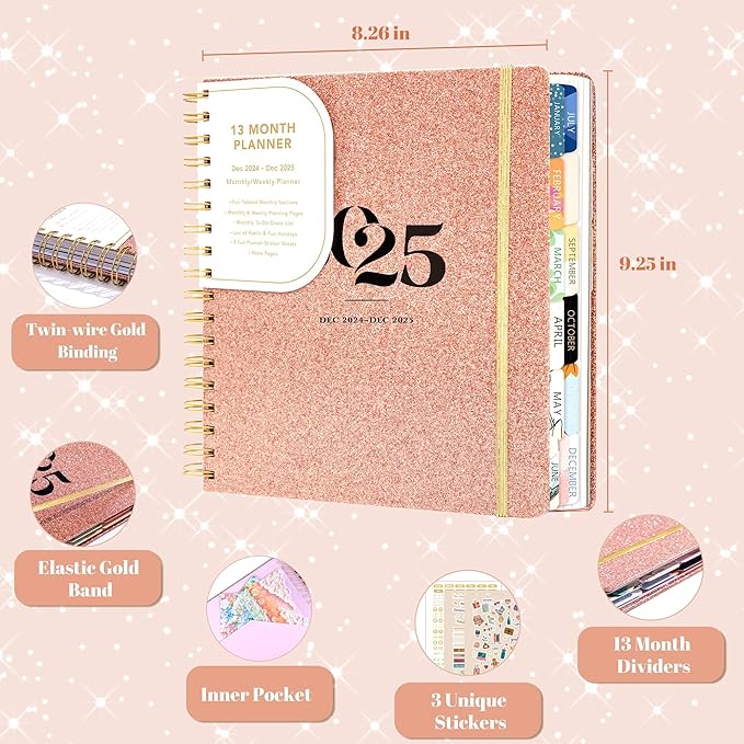 2025 Hardcover Planner Weekly and Monthly, Dec 2024–Dec 2025, Large Spiral Bound Planners 2025 for Women Gifts, 8.3" x 9.3",13 Month Calendar with 13 Tabs, 3 Sticker Sheets, Pink